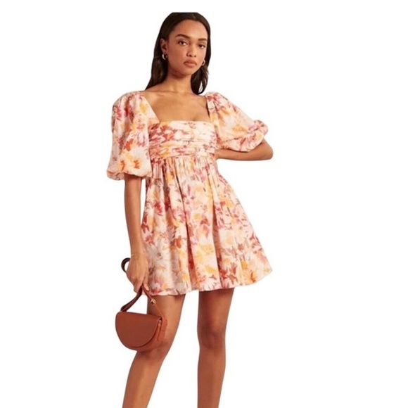 Abercrombie & Fitch Floral Puff-Sleeve Mini Dress in Pink & Peach - Picture 7 of 7